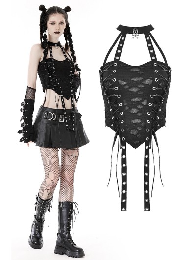 Dark in Love Black Gothic Punk Hole Halter Strappy Crop Top for Women