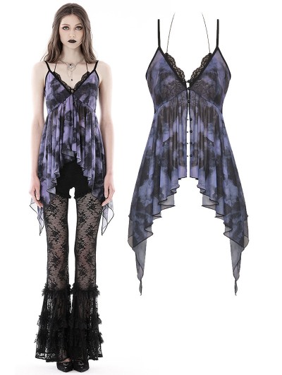 Dark in Love Purple and Black Gothic Sexy Tie Dye Ruffle Top for Women