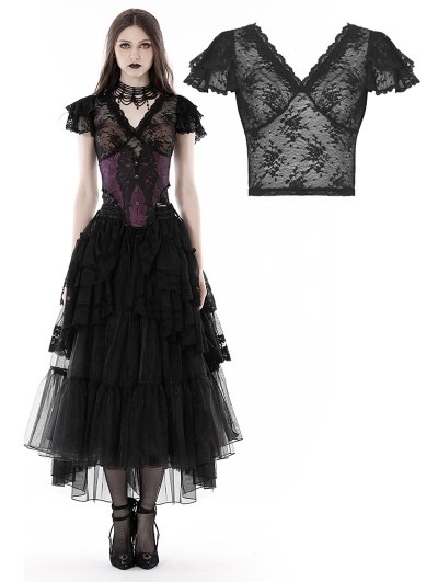 Dark in Love Black Sexy Gothic Lace V-Neck Short Top for Women