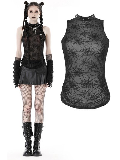 Dark in Love Black Gothic Punk Spider Mesh Sleeveless Top for Women