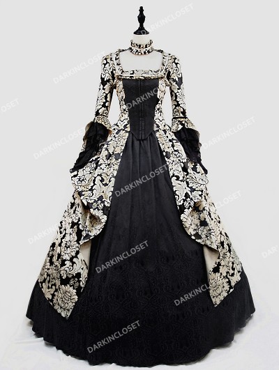 Rose Blooming Black and Gold Marie Antoinett Gothic Victorian Ball Gown Dress