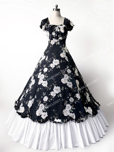 Rose Blooming Black and White Floral Classic Gothic Victorian Dress
