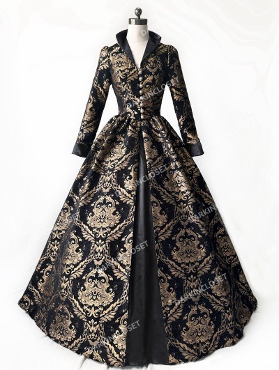 Rose Blooming Black and Gold Queen Style Gothic Victorian Ball Gown Dress