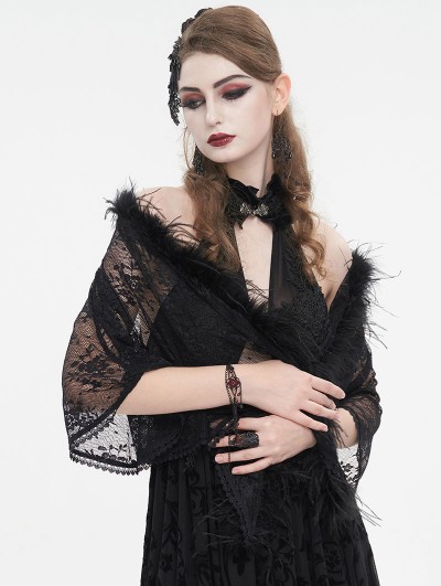 Eva Lady Black Gothic Floral Lace Pattern Faux Fur Trim Cape for Women