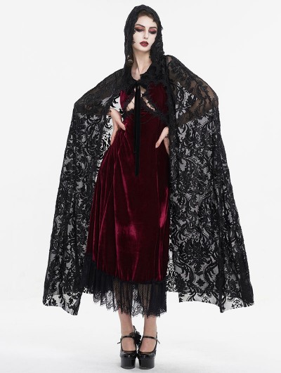 Eva Lady Black Gothic Gorgeous Embroidery Hooded Long Cape for Women