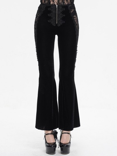Eva Lady Black Gothic Retro Lace Applique Velvet Flared Pants for Women
