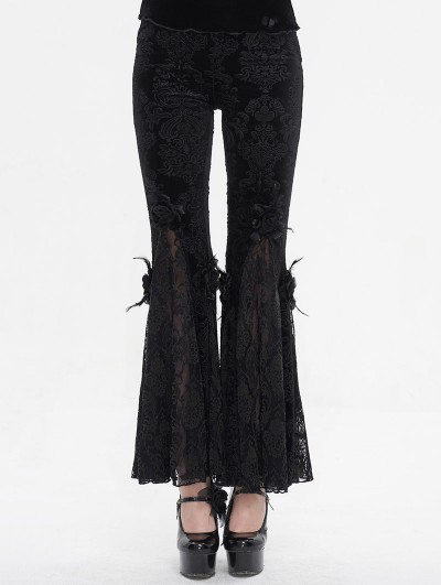 Eva Lady Black Vintage Gothic Velvet Lace Floral Pattern Flared Pants for Women