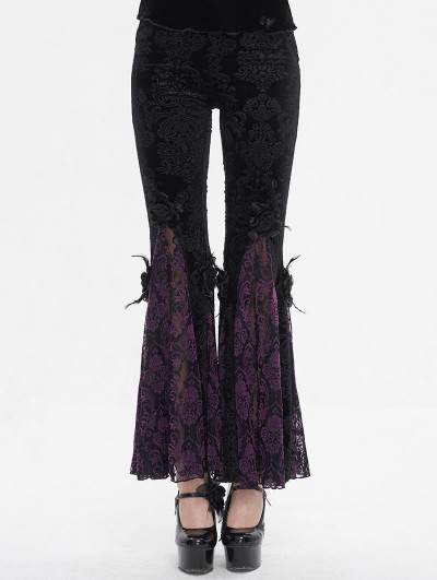 Eva Lady Black and Purple Vintage Gothic Velvet Lace Floral Pattern Flared Pants for Women