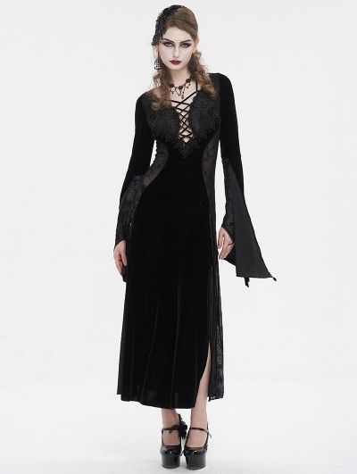 Eva Lady Black Gothic Long Trumpet Sleeves Sexy Velvet Dress