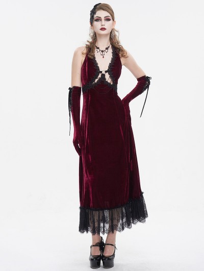 Eva Lady Wine Red Gothic Gorgeous Velvet Sexy Cutout Halter Long Party Dress