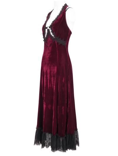 Eva Lady Wine Red Gothic Gorgeous Velvet Sexy Cutout Halter Long Party Dress  - DarkinCloset.com