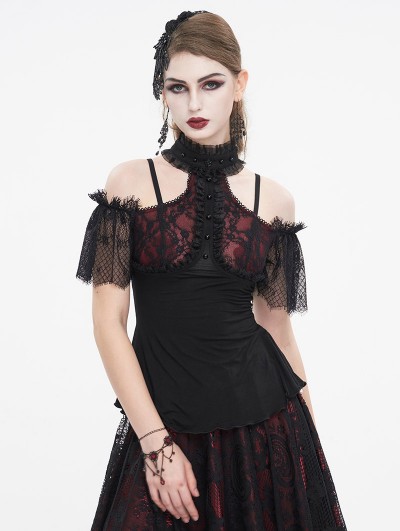 Eva Lady Black and Red Gothic Cold Shoulder Lace Short Sleeve Top for Women