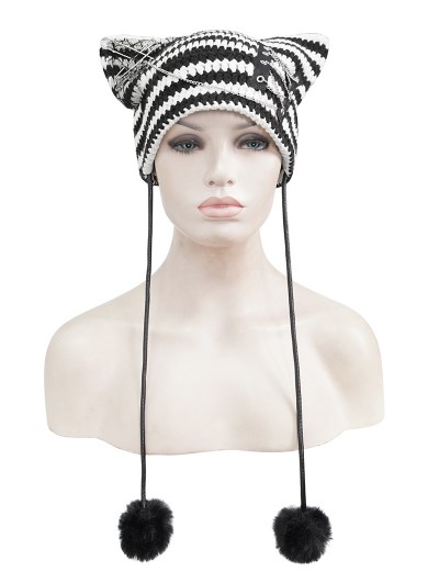 Devil Fashion Black and White Gothic Grunge Striped Crochet Cat Beanie Hat