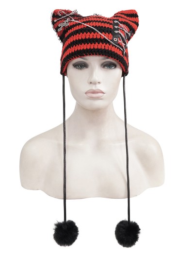 Devil Fashion Black and Red Gothic Grunge Striped Crochet Cat Beanie Hat