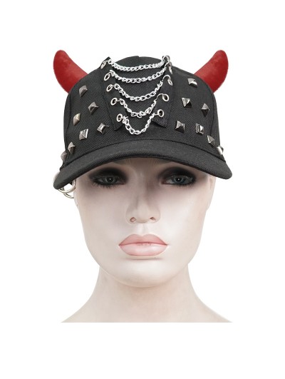 Devil Fashion Black and Red Devil Horns Gothic Punk Studded Peaked Cap