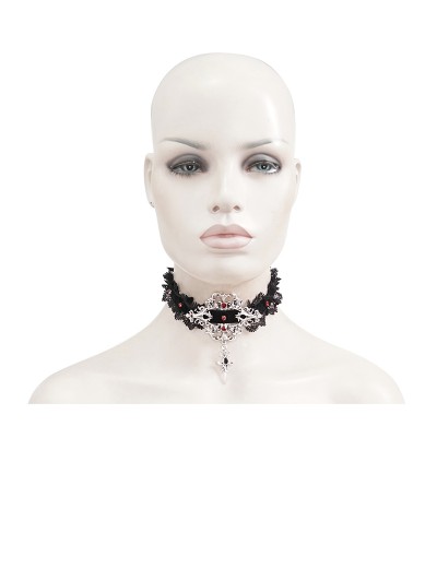 Devil Fashion Black Vintage Gothic Silver Cross Pendant Jeweled Lace Choker