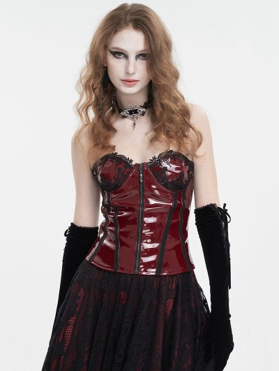 Devil Fashion Wine Red Gothic Lace Trim Leather Overbust Corset Top for  Women 