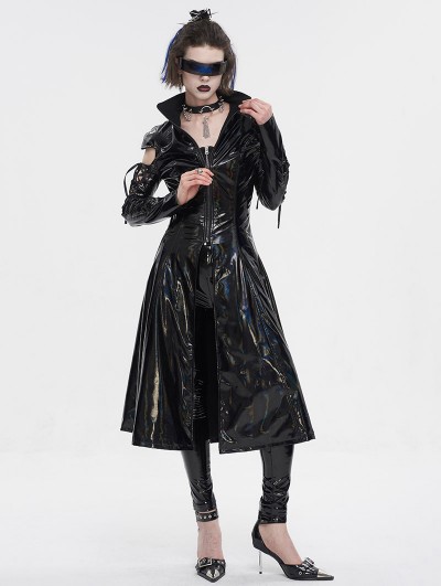 Devil Fashion Black Gothic Punk Cutout Sleeves Leather Long Coat for Women