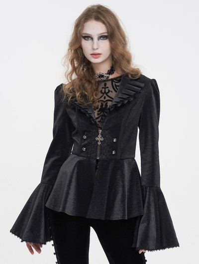 Devil Fashion Black Gothic Vintage Long Trumpet Sleeves Jacket for Women