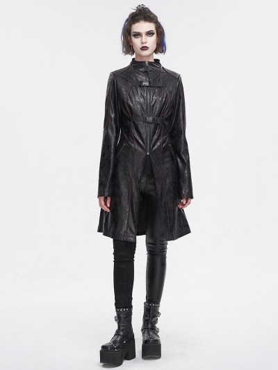 Devil Fashion Black Gothic Punk Buckle Straps Mid-length Coat for Women