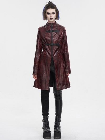 Devil Fashion Red Gothic Punk Buckle Straps Mid-length Coat for Women