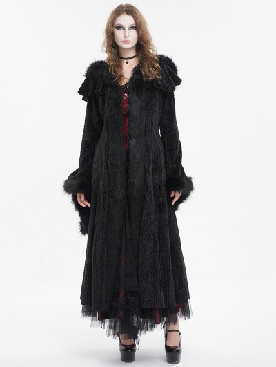 Devil Fashion Black Gothic Vintage Fur Warm Hooded Long Cape Coat for Women