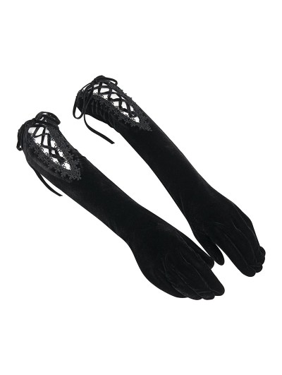 Devil Fashion Black Gothic Vintage Full Finger Velvet Lace-Up Gloves