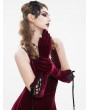 Devil Fashion Wine Red Gothic Vintage Full Finger Velvet Lace-Up Gloves