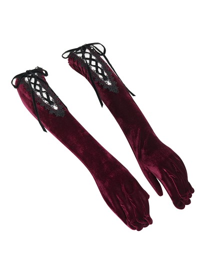 Devil Fashion Wine Red Gothic Vintage Full Finger Velvet Lace-Up Gloves