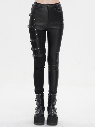 Devil Fashion Black Gothic Punk Studded Side Buckle Slim Fit Pants for Women