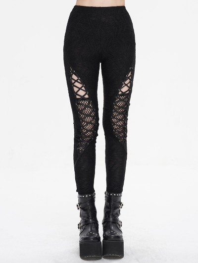 Devil Fashion Black Gothic Casual Hollow Out Lace-Up Leggings for Women