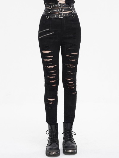 Devil Fashion Black Gothic Punk Distressed Multi-Buckle Fitted Pants for Women