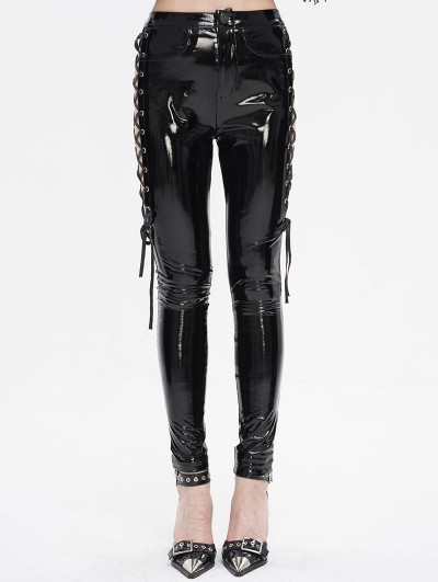 Devil Fashion Black Gothic Punk Skinny Side Hollow Leather Pants for Women