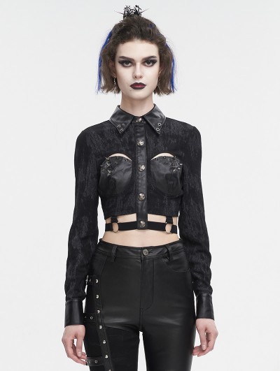 Devil Fashion Black Gothic Punk Stylish Rivet Crpped Shirt for Women