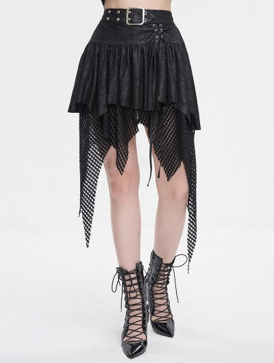 Devil Fashion Black Gothic Punk Net Splicing Pleated Irregular Skirt