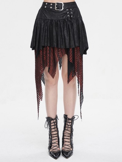 Devil Fashion Black and Red Gothic Punk Net Splicing Pleated Irregular Skirt