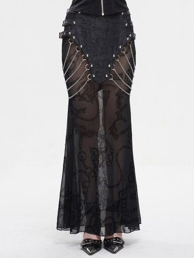 Devil Fashion Black Gothic Punk Sexy See-Through Pattern Chain Embellished Maxi Skirt