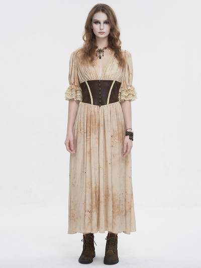 Devil Fashion Beige and Coffee Gothic Vintage Deep V-Neck Pleated Long Dress