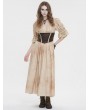 Devil Fashion Beige and Coffee Gothic Vintage Deep V-Neck Pleated Long Dress