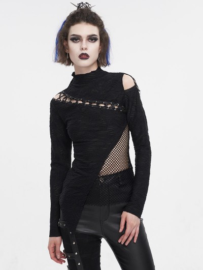 Devil Fashion Black Gothic Hollow-out Asymmetric Long Sleeve T-Shirt for Women