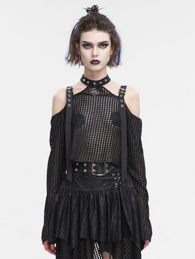 Devil Fashion Black Gothic Punk Buckle Strap Cold Shoulder Halter Top for Women