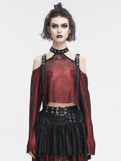 Devil Fashion Red Gothic Punk Buckle Strap Cold Shoulder Halter Top for Women