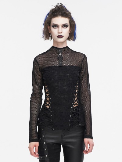 Devil Fashion Black Gothic Punk Sexy Mesh Sleeve Fitted Top for Women