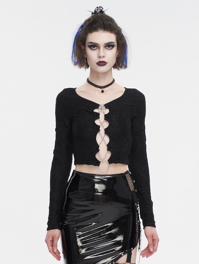 Devil Fashion Black Gothic Sexy Chain Lace-Up Long Sleeve Crop Top for Women