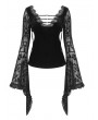 Devil Fashion Black Gothic Sexy Vintage Pattern V-Neck Bell Sleeve Top for Women