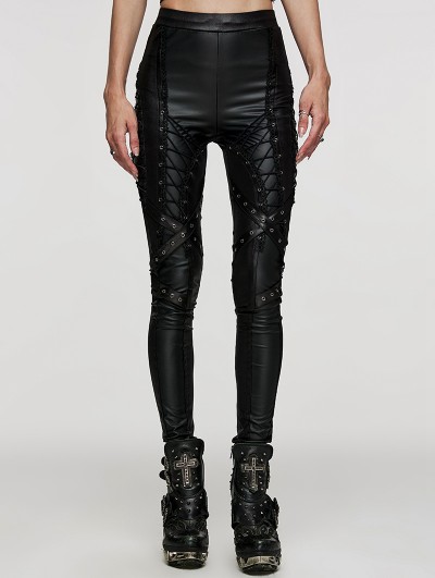 Punk Rave Black Gothic Punk Symmetrical Slim Fit Long Leather Pants for Women