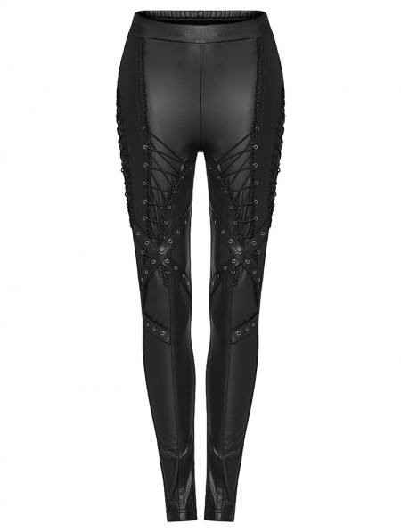 Punk Rave Black Gothic Punk Symmetrical Slim Fit Long Leather Pants for Women - DarkinCloset.com