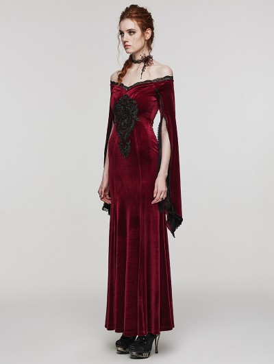 chinese dress ladies Gothic Red Velvet Dress with Lace-up Back and High Slit