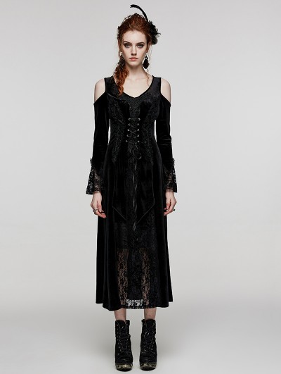 Punk Rave Black Gothic Cold Shoulder Velvet Long Floral Lace Dress