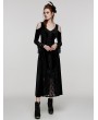 Punk Rave Black Gothic Cold Shoulder Velvet Long Floral Lace Dress